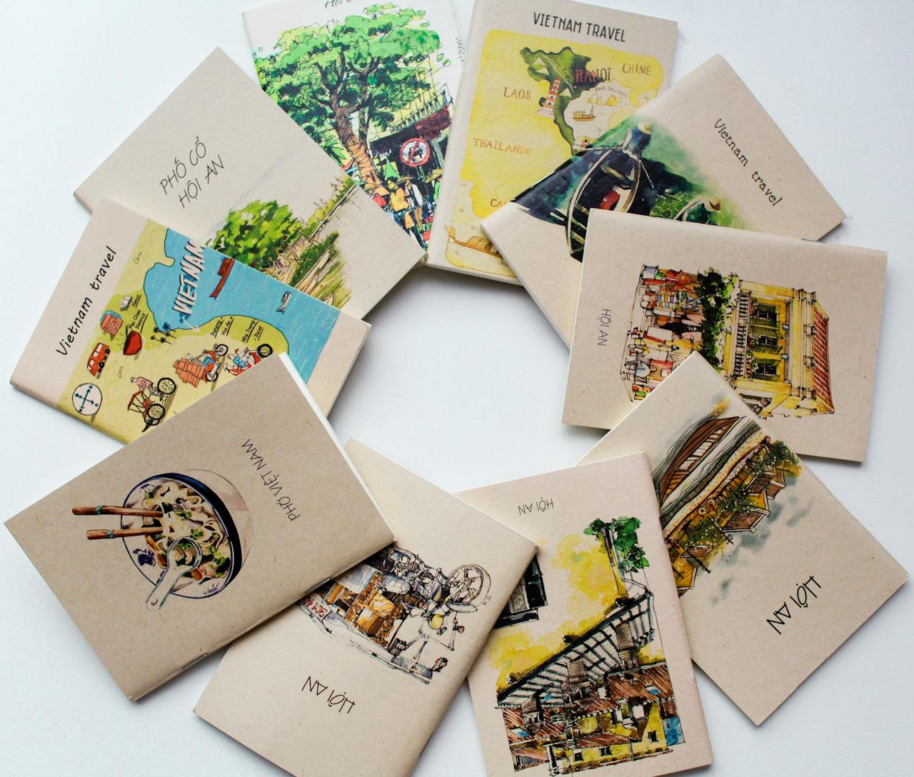 Colorful travel guides and illustrations showcasing Vietnams attractions.